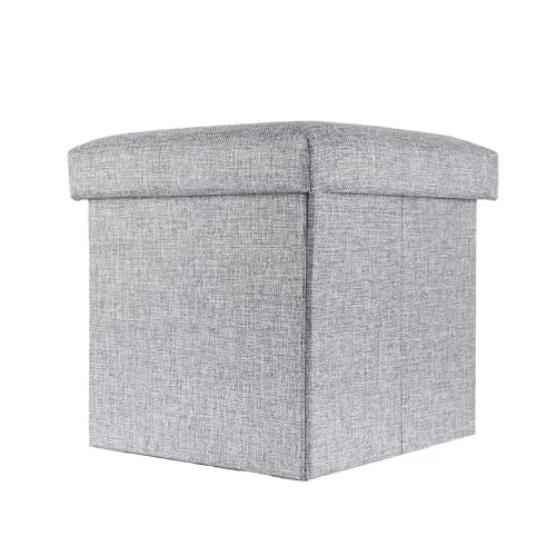 INTIRILIFE Faltbarer Sitzhocker 30x30x30 cm in Alaska GRAU - Sitzwürfel mit Stauraum und Deckel aus Stoff in Leinen Optik - Sitzcube Fußablage Aufbewahrungsbox Truhe Sitzbank