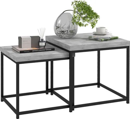 HOMCOM 2er-Set Satztische, quadratische Couchtische, Wohnzimmertische, Stahlgestell und graue Holzplatte