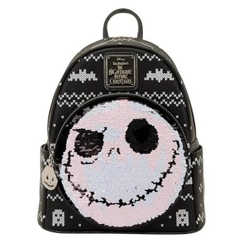 Loungefly Disney Nightmare Before Christmas Jack Skellington Rucksack - Stylischer Mini-Rucksack mit umkehrbaren Pailletten und einzigartigen Details. Ideal für Disney-Fans! Offiziell lizenziertes Produkt, gefertigt aus hochwertigem Kunstleder. Größe: 23 x 27 x 11 cm.