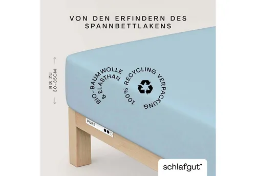 Schlafgut Spannbetttuch Pure, Hellblau, 90-100x190-220 cm - Hochwertiges Spannbettlaken aus 95% Baumwolle, bügelfrei und klimaregulierend, ideal für allergikerfreundlichen Schlafkomfort.