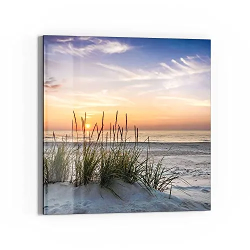 DEQORI Glasbild Echtglas | Motiv Sonnenuntergang am Strand | quadratisch einteilig 50x50 cm | schöne Dekoration | Wandbild für Wohnzimmer, Schlafzimmer, Flur & Küche | moderne Wanddeko