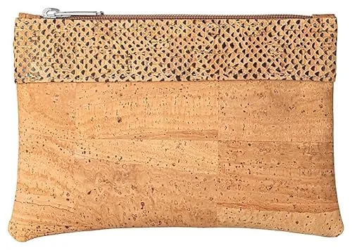 Kleine Kork-Tasche (Hellbraun mit Muster) - kleine Pouch - Etui - großer Geldbeutel - Kosmetiktasche - Portemmonaie mit Snake Print