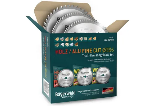 Bayerwald Kreissägeblatt Set 254 für Bosch GTS - Hochwertiges Kreissägeblatt Set für Bosch GTS, ideal für präzise Schnitte in Holz, Aluminium und Kunststoffen. Enthält 3 spezielle Blätter für Feinschnitte und vielseitige Anwendungen.