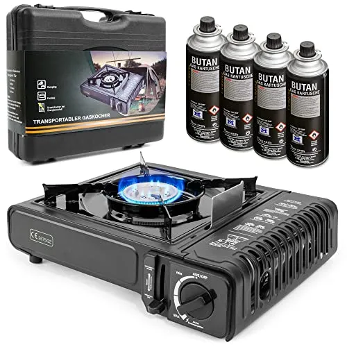 Greenpoint Gaskocher + 4 Gaskartuschen - Campingkocher ink.Tragekoffer mit 4 Gaskartusche, Gaskocher mit Kartusche, Campingkocher mit Kartusche