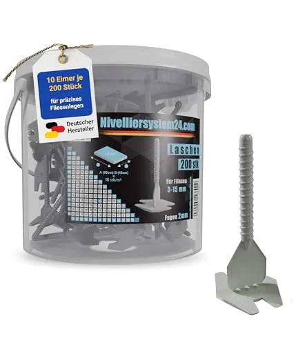 Nivelliersystem24.com Zuglaschen für 2 mm Fugen für Fliesenstärke von 3-15 mm, 200 Stück + Eimer – Geeignet für Fliesen-Nivelliersystem – 16602 (10 Eimer)
