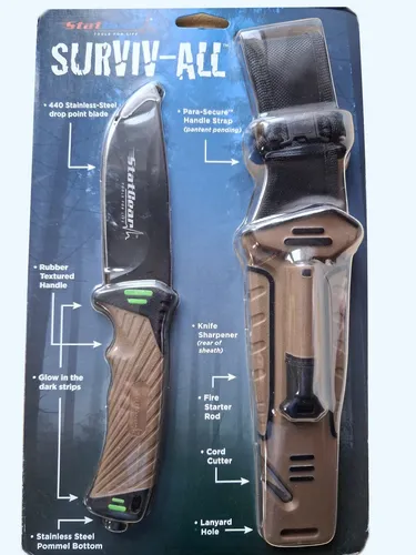 STATGEAR Surviv-All Rettungsmesser - Jagdmesser mit rostfreier Edelstahlklinge, Gurtschneider, Feuerstarter und Diamantschärfer – ideal für Notfälle und Outdoor-Abenteuer.