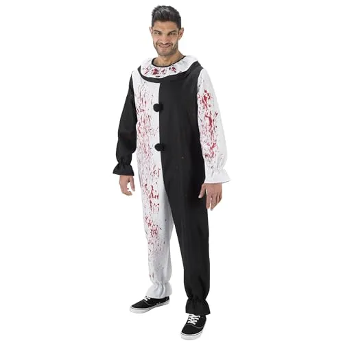 Chaks Terrifier Art the Clown Jumpsuit - Zweifarbiger Horror Look für Halloween - Kostüm-Outfits für Erwachsene: Bequemer Jumpsuit mit markantem Zweifarb-Design und realistischen Blutspritzern für einen unheimlichen Auftritt bei Halloween oder Mottopartys.