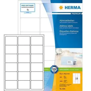 Herma Premium 4265 Etiketten weiß 63.5 x 46.6mm - 1800 Stück - Adressetiketten für fast alle Drucker, ideal für C6 Kuverts, nachhaltig produziert und CO2-neutral. Starke Haftung und matte Oberfläche, 100% recyclingfähig.