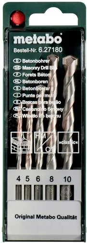 Metabo 627180000 Beton-Spiralbohrer-Set 5-teilig - 5-teiliges Beton-Bohrerset für Dreh- und Schlagbohrmaschinen, mit hoher Lebensdauer und hitzebeständigen Hartmetallplatten, ideal für präzises Bohren in Beton und Naturstein.
