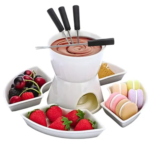 HomeZone 10-teiliges weißes Keramik-Schokoladen-Fondue-Set mit Edelstahlgabeln und 4 Halbmond-Servierschalen, mikrowellen- und spülmaschinenfest, Käsefondue-Teelicht für Geburtstag, Muttertag