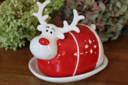 Butterdose / Butterglocke aus Keramik, ovale Form, Butterdose Elch, Weihnachten