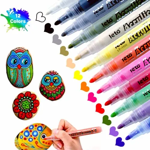 LETO Acrylstifte für Steine Wasserfest,12 Farben steine zum bemalen stifte für Geschenkekarte Halloween Kürbis Ostereier,Holz,Leinwand,Papier,Keramik,Kinder DIY(2-3mm Spitze)