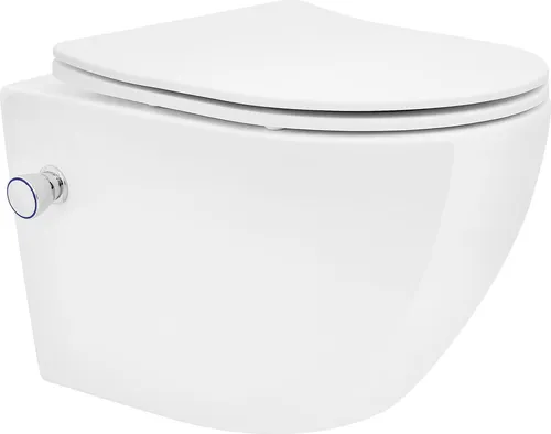 ECD Germany Spülrandloses Hänge WC kurz 49 cm Weiß mit Bidet-Funktion - Einteilige Toilette mit Nano-Beschichtung für einfache Reinigung, integrierter Bidet-Funktion und Softclose WC-Sitz für mehr Hygiene und Komfort.