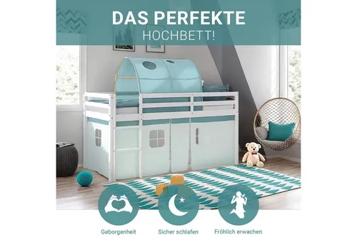 Homestyle4u Hochbett 90x200 mit Tunnel und Vorhang - Hochbett aus Kiefernholz in Weiß und Mintgrün, inklusive Lattenrost und Rausfallschutz. Ideal für kreative Kinderzimmer mit Platz für Spiel und Spaß!