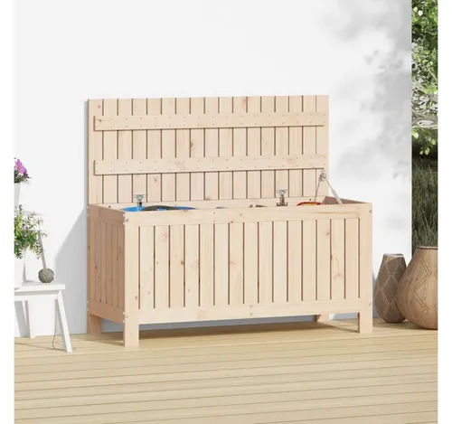 Gartentruhe aus Kiefernholz 108x42,5x54 cm - Robuste Auflagenbox aus massivem Kiefernholz, ideal zur Aufbewahrung von Gartenutensilien und Sitzauflagen. Wetterfest und langlebig für den Außenbereich.
