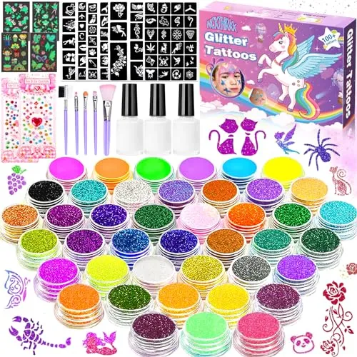 NCKIHRKK Glitzer Tattoo Set Mädchen Temporäres, Glitzertattoos Glitzer Tattoo Set Kinder, 42 Farben, 145 Tattoo Schablonen, 5 Pinsel, Wasserdichte Tattoos für Party Geschenk für Mädchen ab 3 Jahren