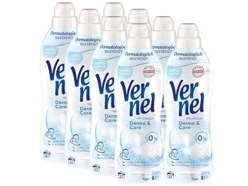 VERNEL Derma & Care Weichspüler 8x 37 WL (296 Waschladungen), hypoallergener & speziell für sensible Haut entwickelter Wäscheduft sorgt für unwiderstehliche Weichheit, recycelbar