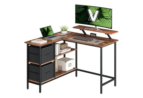 VASAGLE L-förmiger Eckschreibtisch - Kinderschreibtisch mit verstellbarer Ablage und Monitorständer, ideal für eine ergonomische Arbeitsumgebung im Vintage-Design.