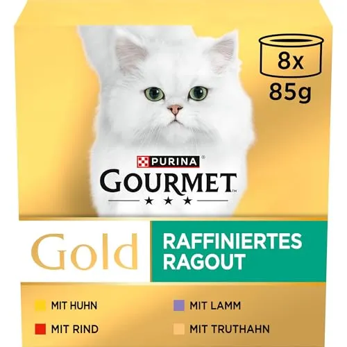 Gourmet Gold Raffiniertes Ragout Katzenfutter nass, Sorten-Mix 12er Pack - Dosenfutter für Katzen mit erlesenen Stückchen in Sauce, schonend zubereitet. Hochwertiges Nassfutter ohne künstliche Zusätze, ideal als Alleinfuttermittel für ausgewachsene Katzen.