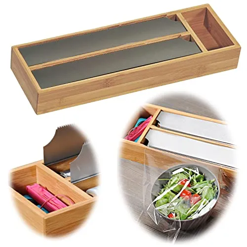 LS-LebenStil 3-Fach Holz Folienspender FSC Bambus Braun Schubladen Alufolienspender Folienschneider Alufolie Alufolien-Spender Frischhaltefolie Folienabroller