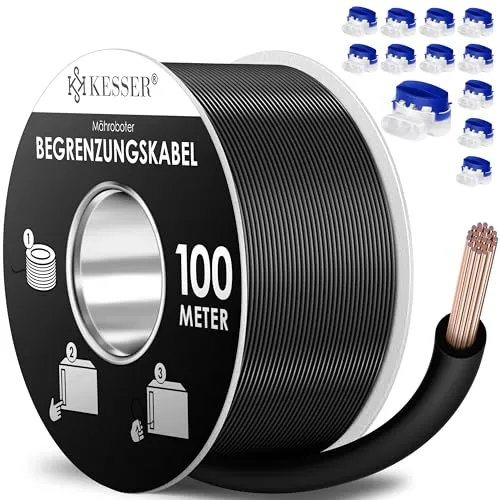 KESSER® Begrenzungskabel 100m + 12 Kabelverbinder für Mähroboter Rasenmäher Rasenroboter Zubehör Set Begrenzungsdraht Universal für Suchkabel kompatibel mit Gardena/Bosch/Worx/Einhell/Honda/ROBOMOW