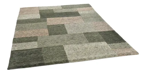 THEKO Wollteppich Dalas - 7709, handgeknüpft aus 100% Schurwolle - Kurzflor-Teppich mit modernem Patchwork Design, strapazierfähig und pflegeleicht. Ideal für jeden Raum, schafft eine harmonische Raumatmosphäre.