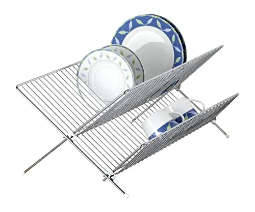 Geschirrabtropfer Duo - Platzsparend und Praktisch - Praktischer Geschirrabtropfer für Zuhause und unterwegs. Mit Stellplätzen für Teller und Ablageflächen für Tassen. Zusammenklappbar, aus Chrom, ideal für kompakte Küchen. Maße (B x H x T): 47,5 x 22 x 33 cm.