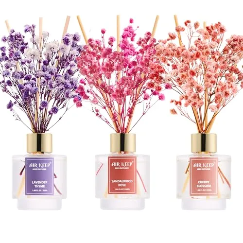 Airkeep Raumduft 50ml x3, Reed Diffuser mit Lavender Thyme, Sandalwood Rose, Cherry Blossom, Raum Duft mit 24 Duftstäbchen, Lufterfrischer für Badezimmer, Wohnung