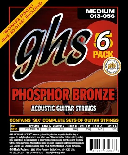 GHS Strings S335-5 Phosphor Bronze Akustikgitarrensaiten, Medium (13-56), 6 Stück