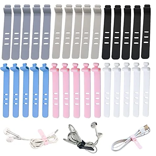 duoyif Silikon-Kabelbinder, 30 Stück, Weiß, Grau, Blau, Schwarz, Pink, Graublau, Releasable, 7,4 cm, 0,4 Zoll, Silikon, Kabelbinder, Drahtmanagement, Schreibtischsortierung