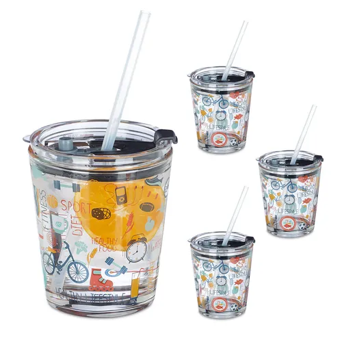 Glasbecher Glastrinkbecher Sport Design Trinkglas Glas Deckel Strohhalm 4er Set