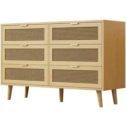 Modfu Kommode in Walnuss, 6 Schubladen, 120 cm - Elegante Kommode im Retro-Stil mit Rattan-inspirierten Fronten. Sechs geräumige Schubladen bieten viel Stauraum für Kleidung und Accessoires. Hochwertige Verarbeitung und klare Linien machen sie zum Blickfang in jedem Raum.