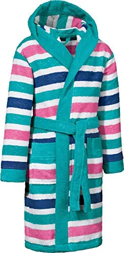 Erwin Müller Kinder-Bademantel mit Kapuze Frottier smaragd Größe 134/140 - saugstark, hautfreundlich, mit Taschen und Bindegürtel, Streifen
