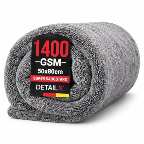 Detail X Auto Trockentuch XXL 80x50 cm – 1400 GSM, 50 × 80 cm, Premium-Mikrofaser-Trockentuch, kratzfrei & fusselfrei, abgerundete weiche Fasern hochwertiges Trockentuch für Auto, Ultra Saugstark