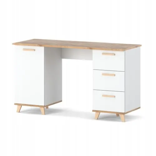 AZTeam Producent mebli Oslo Schreibtisch 138 cm – Skandinavischer Computertisch mit 3 Schubladen & 1 Tür – Reversibler Aufbau, Griffe und Füße aus echtem Buchenholz – 138 × 75 × 50 cm