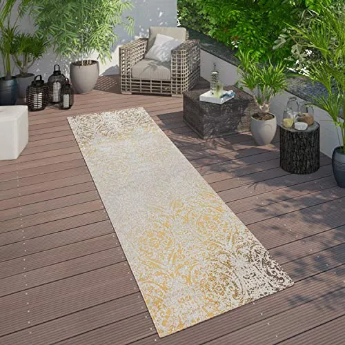 Paco Home In- & Outdoor Teppich Modern Shabby Chic Stil Terrassen Teppich Gelb, Grösse:80x150 cm