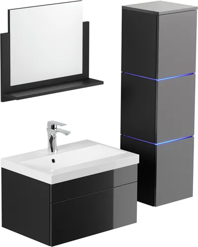 HOME DELUXE Badmöbel WANGEROOGE L - Hochglanz Schwarz - Moderne Badmöbel mit Push-To-Open-Technik, LED-Beleuchtung und wasserabweisenden Oberflächen für eleganten Stauraum im Badezimmer.