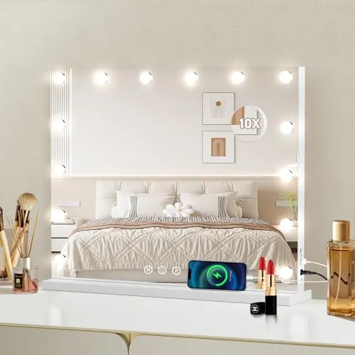 Ekasoco Hollywood Spiegel mit Beleuchtung 14LED, 50x42CM Schminktischspiegel mit Beleuchtung, Touch-Schalter, USB-Ladeanschluss