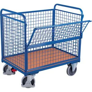 Drahtkastenwagen 500 kg 1200x750 mm - Werkstattwagen mit halb abklappbarer Längswand und robustem Stahlaufbau. Ideal für den sicheren Transport von Lasten bis 500 kg. Mit EasySTOP-Bremse und spurloser Bereifung für mühelosen Transport.