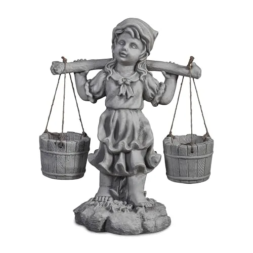 Gartenfigur Mädchen mit Blumenampel in grau von gartendekoparadies