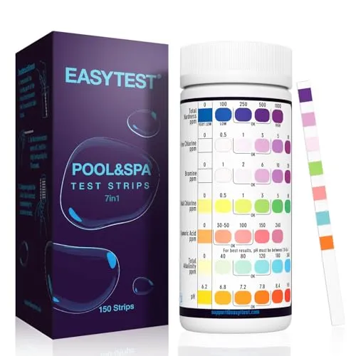 EASYTEST 7 IN 1 Pool Teststreifen für Pools und Spas - 150 - pH, Brom, Gesamtalkalinität, freies Chlor, Gesamthärte, Cyanursäure, Gesamtchlorprüfung mit schnellem und genauen Ergebnissen