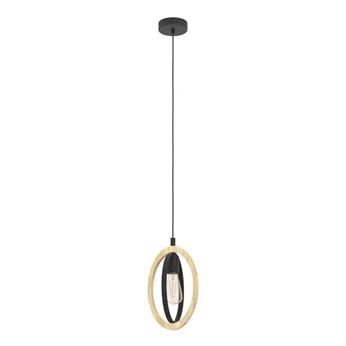 EGLO Pendelleuchte Basildon - Vintage Hängelampe aus Holz und Stahl - Moderne Pendelleuchte in Vintage-Optik, ideal für Esstische und Wohnzimmer. Faszinierendes Lichtspiel durch einzigartigen Lampenschirm aus Holz und Stahl.