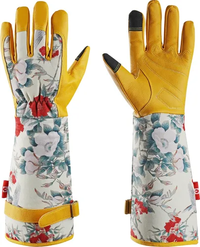 Mustbau Lange Gartenhandschuhe für Damen, Kunstleder Gauntlet Wasserabweisend Rosenhandschuhe, Garten Arbeitshandschuhe für Gartenarbeit Hausarbeit (Gelb, S)