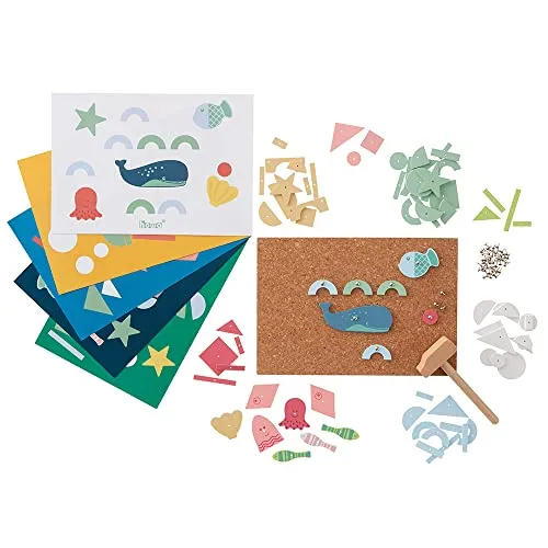 howa Hammerspiel Hämmerchenspiel Nagelspiel Seaworld mit 76 Holzteile, 10 Vorlagen, Korkplatte, Hammer und Nägeln 7400