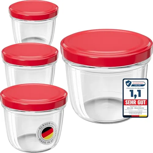 WELLGRO 100x Einmachgläser 230ml – Schraubdeckel TO82 rot – Hochwertige Vorratsgläser - Die WELLGRO Einmachgläser sind ideal zum Einkochen und Aufbewahren. Mit luftdichtem Deckel halten sie Lebensmittel frisch. Perfekt für Marmelade, Chutneys oder kreative DIY-Projekte – langlebig und spülmaschinengeeignet.