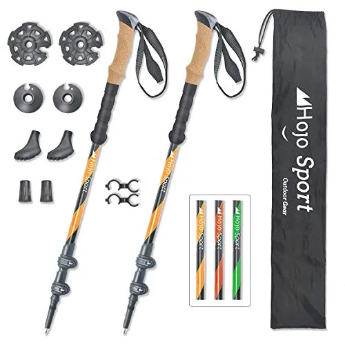 Hojo Sport Teleskop Wanderstock aus Aluminium mit Korkgriff (Orange) - Robuster Trekkingstock aus leichtem Aluminium, verstellbar von 65 bis 135 cm. Der komfortable Korkgriff bietet optimalen Halt und Vibrationseffizienz. Ideal für anspruchsvolle Wanderungen und Trekkingtouren.