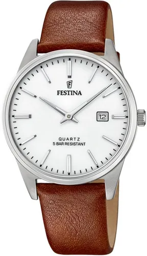 Festina F20512_2 Herren-Armbanduhr - Elegante Herrenuhr aus Edelstahl mit braunem Lederarmband, 5 ATM wasserdicht und präzises Quarzwerk für zuverlässige Zeitmessung.