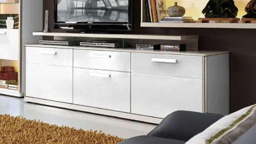 TV-Board Light Line 4 in Weiß Matt - Modernes Medienboard mit 1 Schublade und 2 Türen. Verstellbare Regalböden und Höhe für individuelle Anpassung. Ideal für das Wohnzimmer, stabil und stylish.