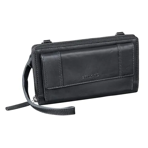STILORD 'Marigold' 3-in-1 Echt Leder Portemonnaie Damen - Handytasche zum Umhängen - Crossbody Bag Umhängetasche Clutch Schultertasche Geldbörse Groß 18 Kartenfach RFID, Farbe:schwarz