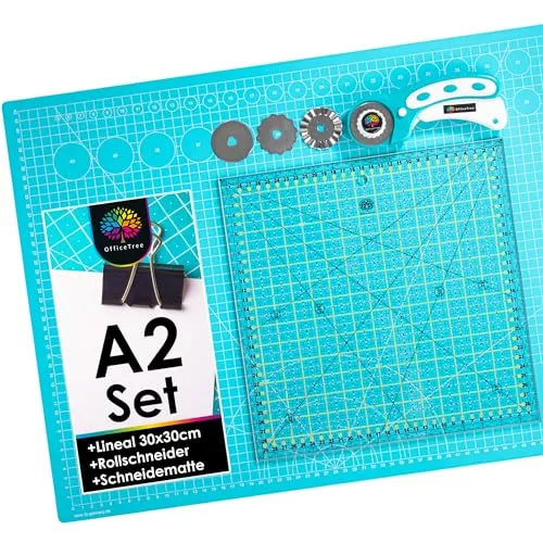 OfficeTree Schneidematte Set A2 60x45 + Rollschneider + Patchwork Lineal 30x30 cm - Schneidematte A2 Selbstheilend - Schneiderlineal Schneiderunterlage und Rollschneider Set - Schneidunterlage nähen